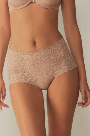 Dámské Kalhotky Intimissimi Krajkové High Pasem Hipster Béžový | CZ PQ3740