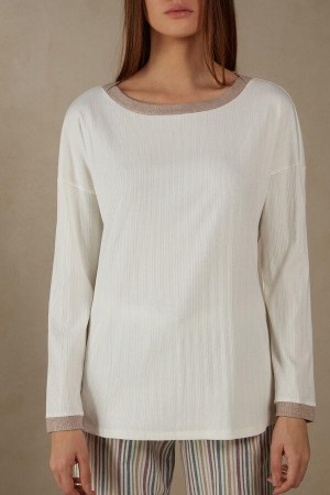 Dámské Pyžama Intimissimi Žebrovaný Bavlněné Bateau Neck Long Sleeve Top Bílé | CZ IS3880